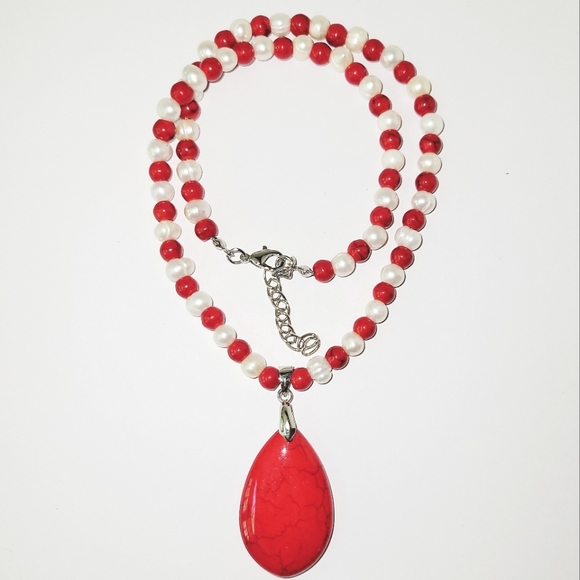 unknown Jewelry - SALE! NEW! Red Howlite Beads & Pendant Necklace w/ White Freshwater Pearls